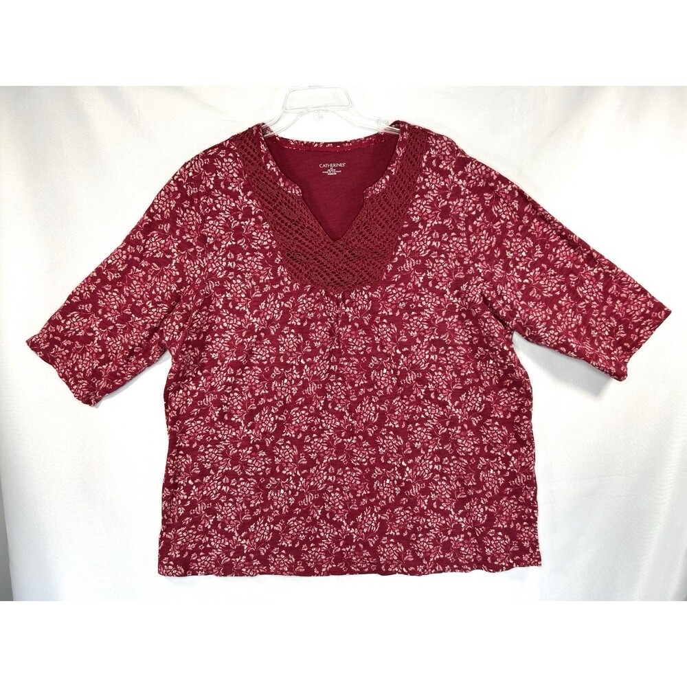 Catherines Women's Tunic Top Blouse Plus 2X Red Floral V-Neck Crochet